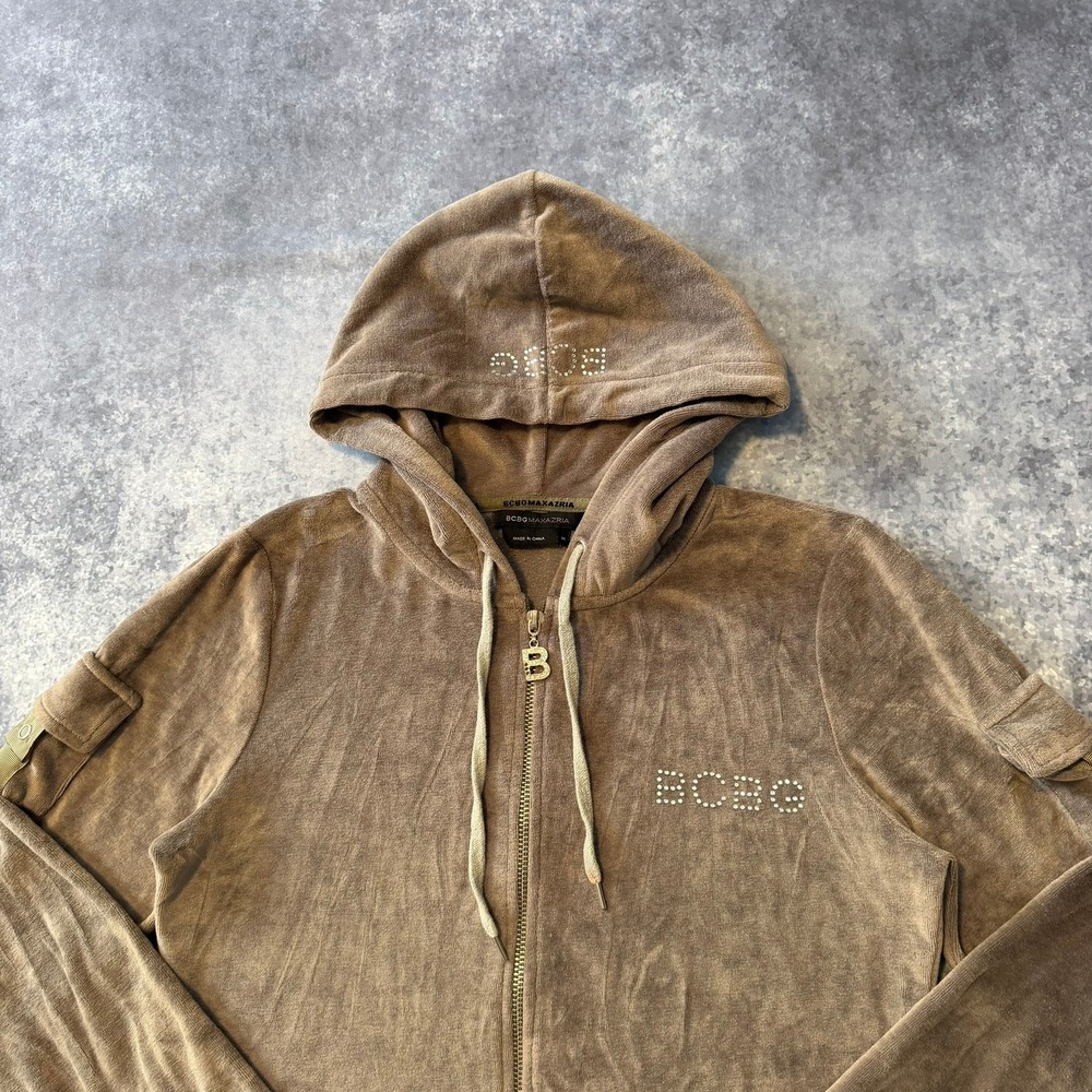 Y2K BCBG Max Azria Womens Velour Full Zip Hoodie Brown Rhinestone Logo Size M - Picture 5 of 6